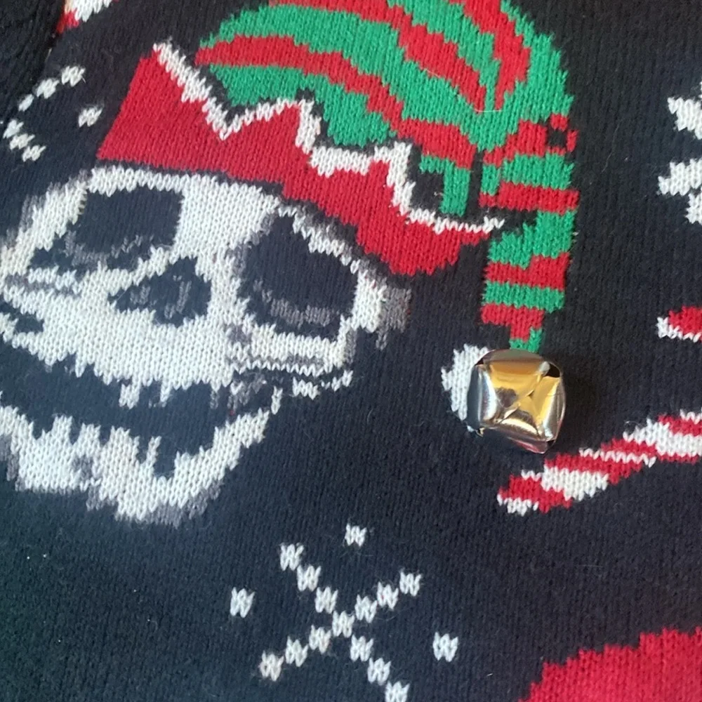 Ugly Christmas Sweater Skulls Santa Hats Candy Canes Black Red Knit Unisex Large - Picture 3 of 7